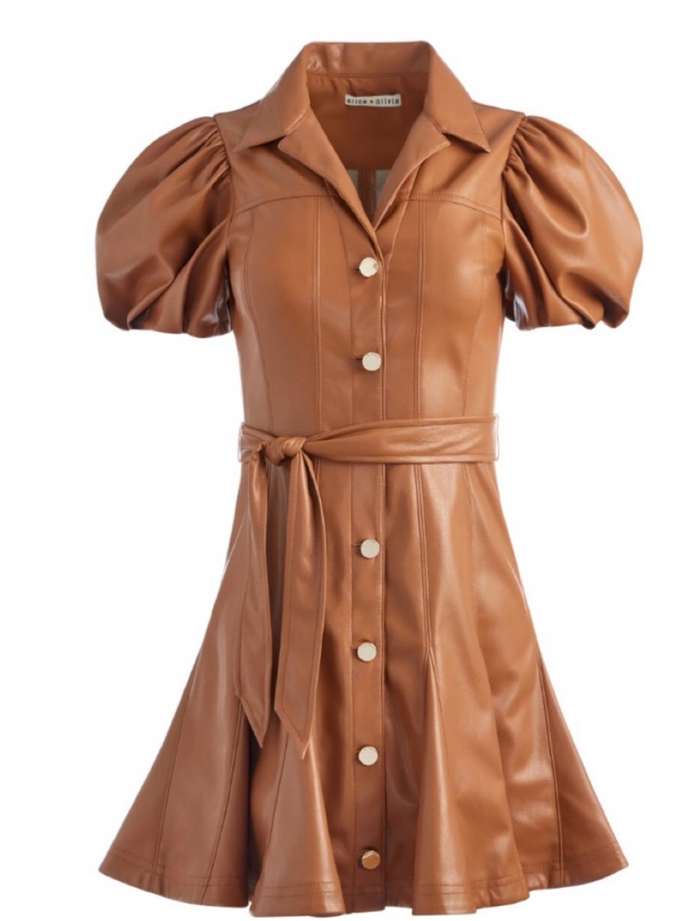 Alice + Olivia Ofra Vegan Leather Puff Sleeve Belted Mini Dress Size 0 NWOT
